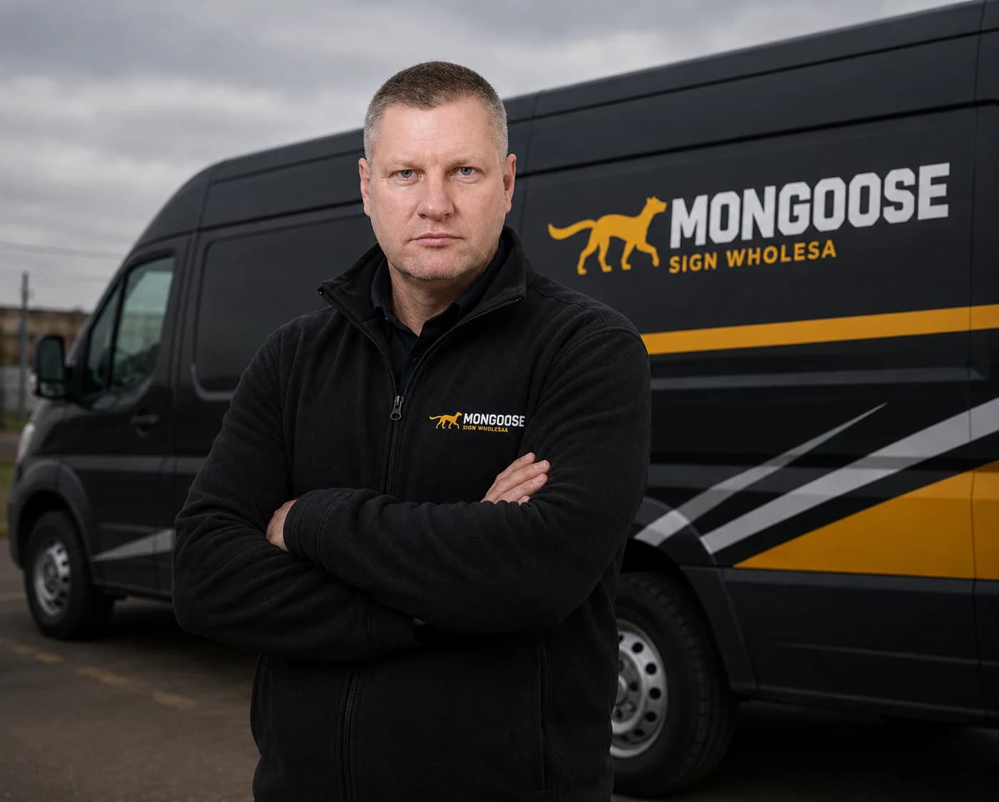 Serhii Titov standing in front of a branded Mongoose work van