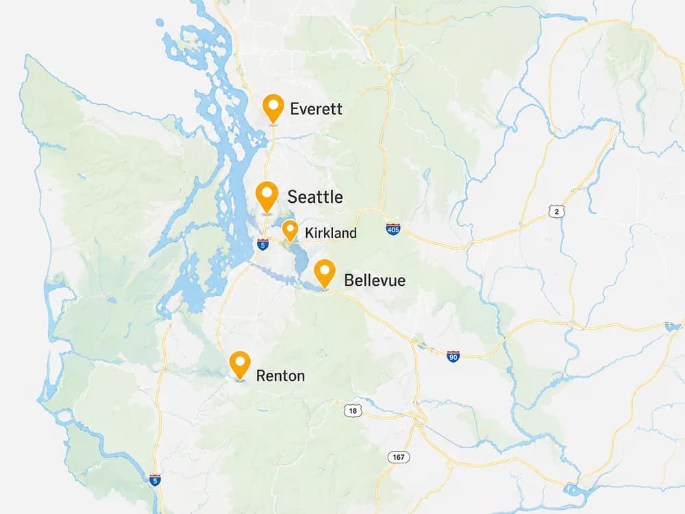Service area map with Tacoma, Seattle, Bellevue, Everett, Renton, and Kirkland